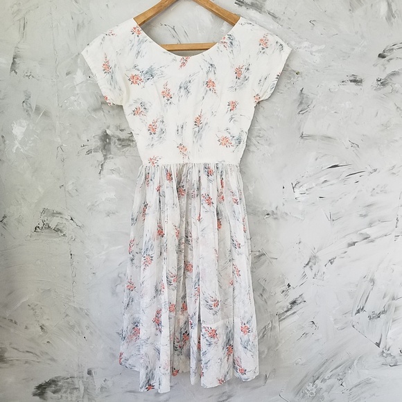 Vintage Dresses & Skirts - VINTAGE 40's Sheer White w/ Orange Flowers Dress